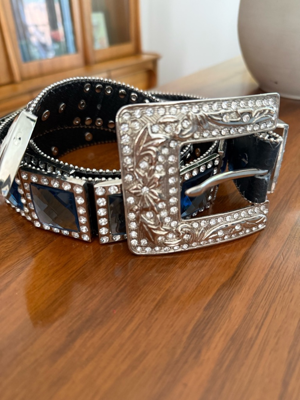 Black Studded Leather Belt with Crystal Stones - Picture 2 of 7